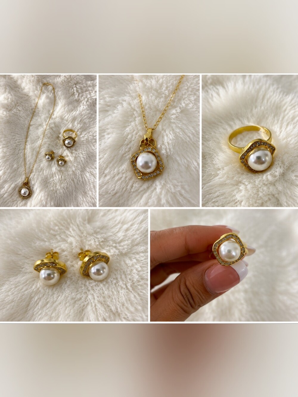 Gold Pearl Jewelry Set - Necklace, Ring & Earrings - Picture 6 of 7